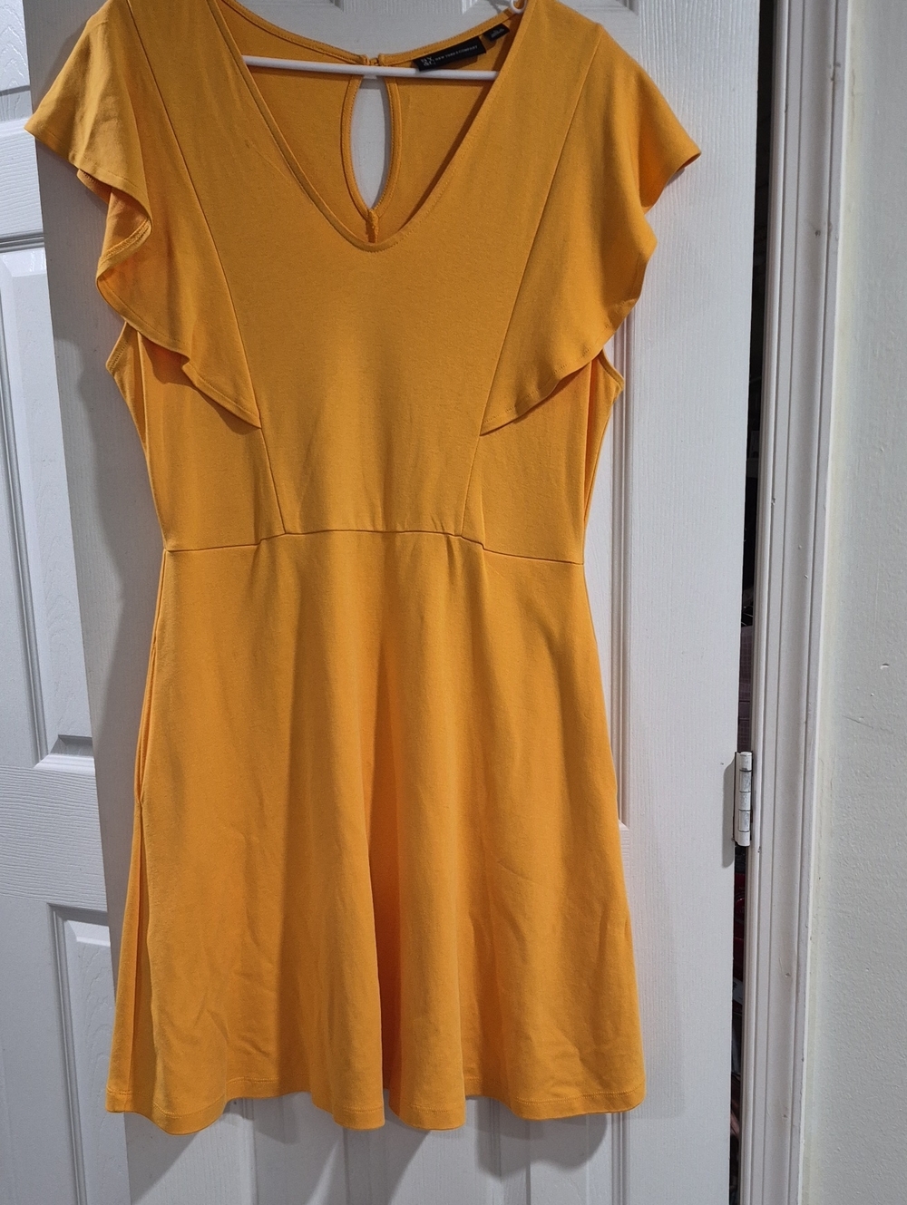 New York & Company Mustard Yellow Flutter Sleeve Fit-and-Flare Dress